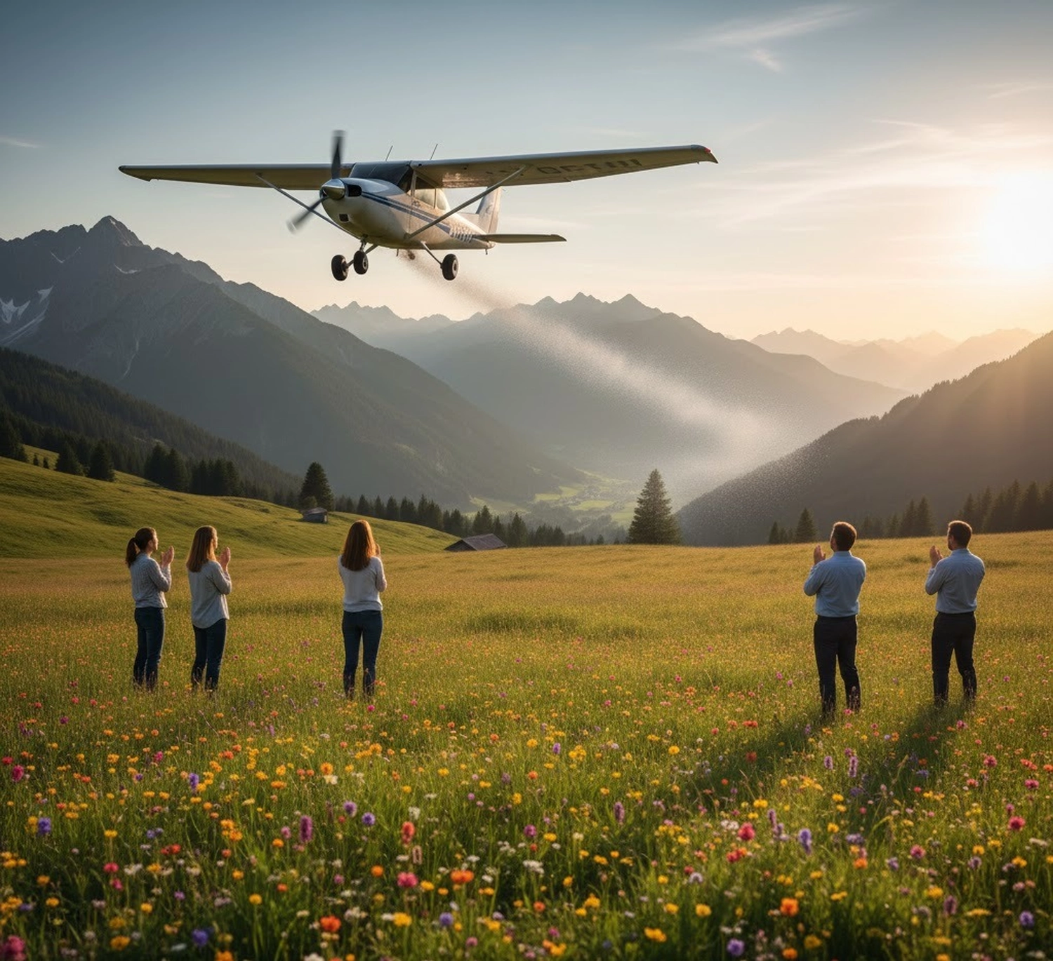Bestattung Die letzte Umarmung - Bestatter - Leute im Feld beobachten Flugzeug