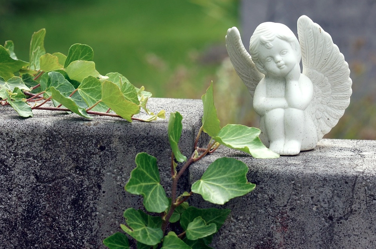 Bestattung Die letzte Umarmung – Bestatter – Dieses Bild zeigt eine kleine, weiße Engelsskulptur, oft als Cherub bezeichnet, die auf einer Steinoberfläche ruht.